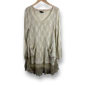 Ryu Women's S/M Crochet Sweater Tunic Earthy Beige Embroidered‎ Lace Lagenlook